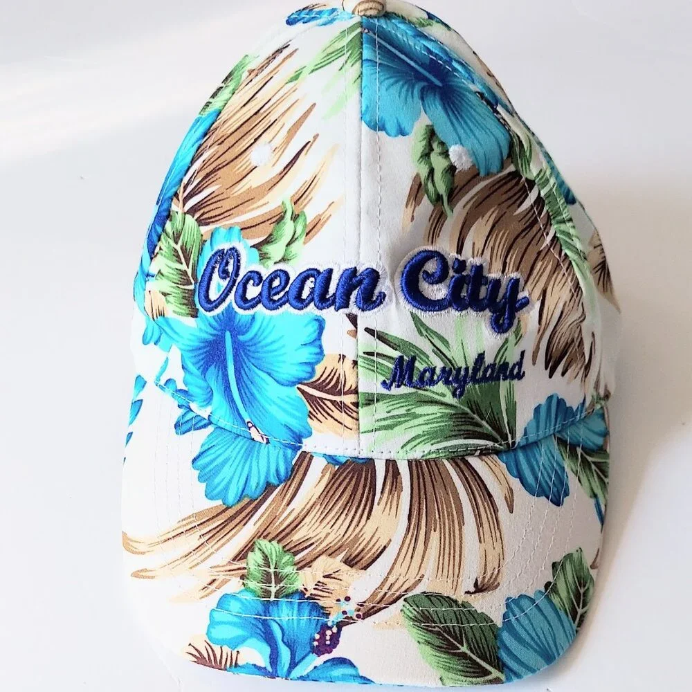 Lucky 7 Ocean City Maryland Hawaiian Floral Print Adjustable Hat Cap